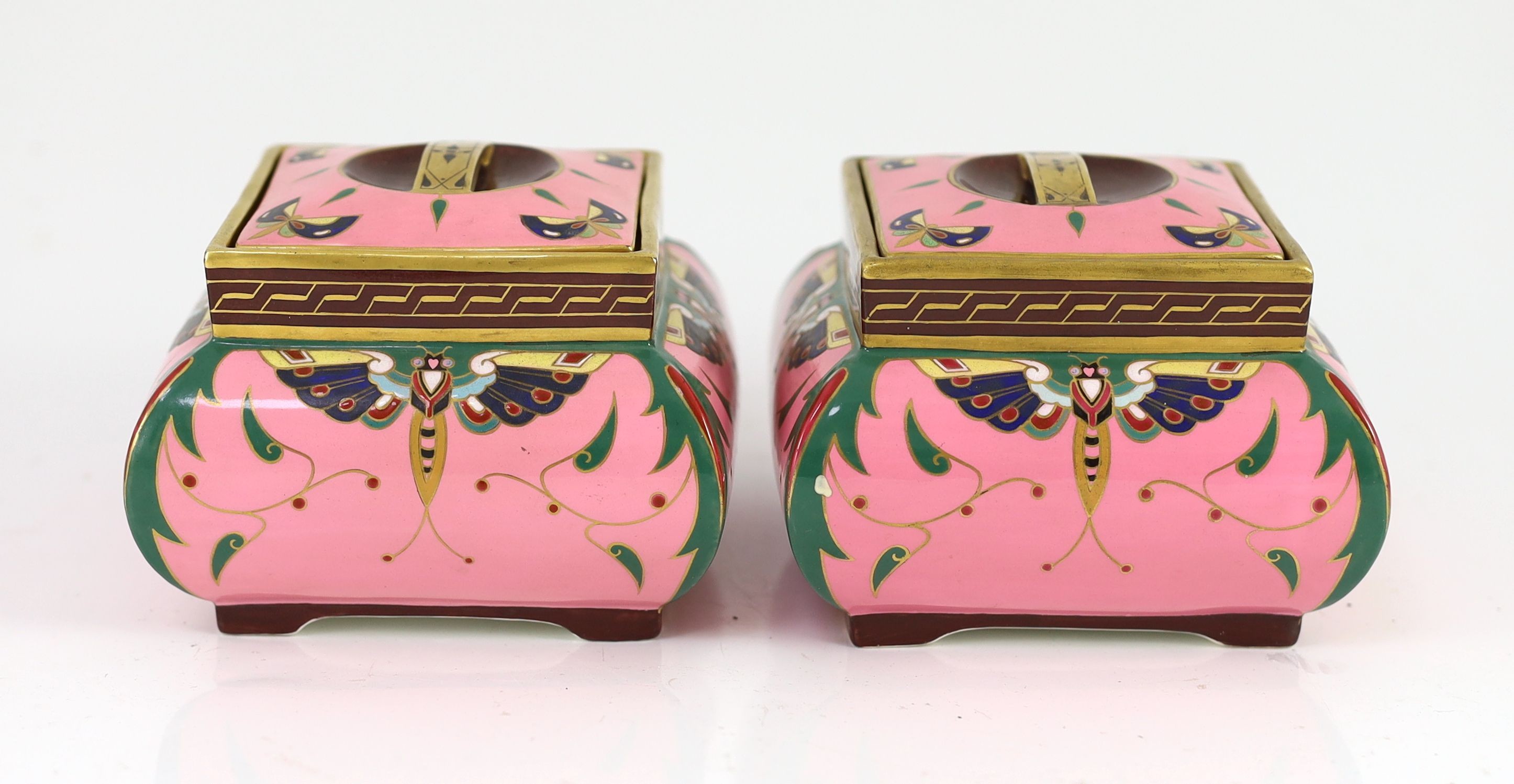 A pair of Minton pink ground square boxes and covers, c.1870, attributed to Christopher Dresser, 12cm wide